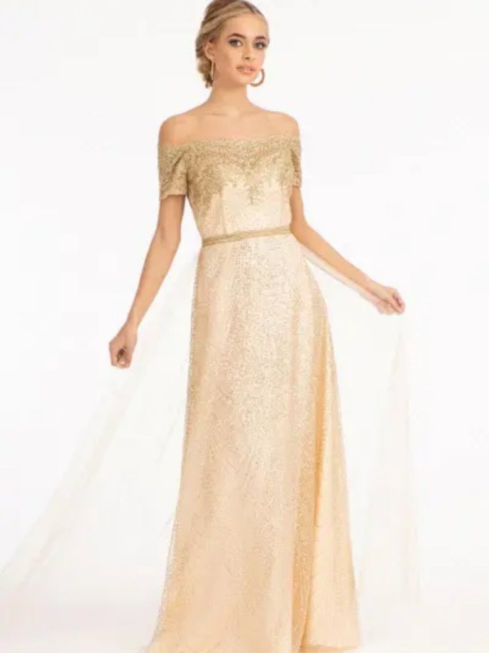 NEW CHAMPAGNE Mesh & Glitter Evening Gown Floor Length Embellished GL2942
